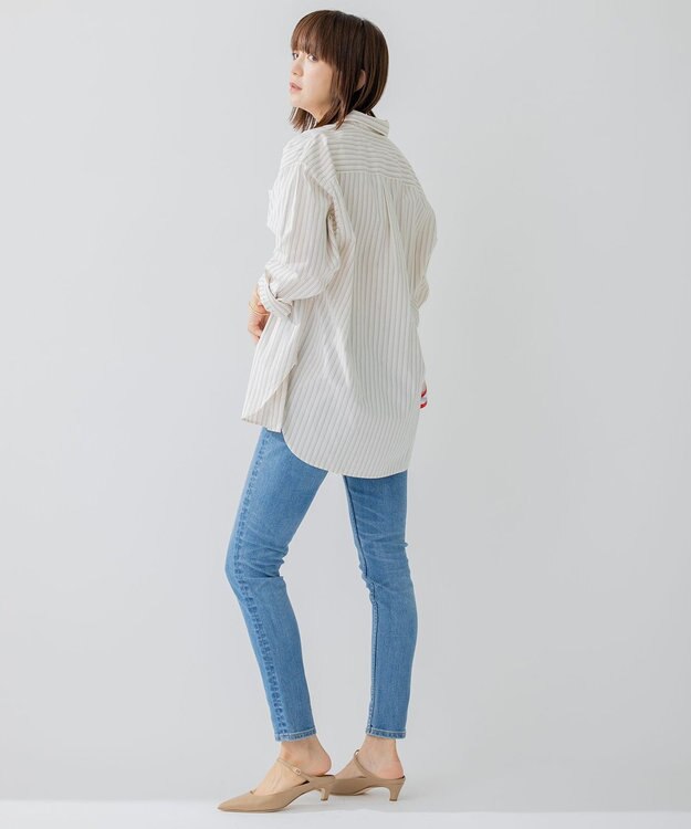 23区 L 【洗える】CANCLINI ポケット付き パールボタン シャツブラウス アイボリー×ブラックストライプ