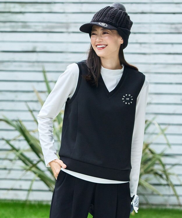 23区GOLF 【WOMEN/EC限定】ワンポイント ジャージー ベスト ロングシーズン使える 温度調節に最適 ブラック系