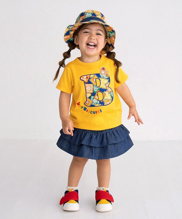 MIKI HOUSE HOT BISCUITS 【80-120cm】 バンダナ柄 ワッペン 半袖Tシャツ 黄