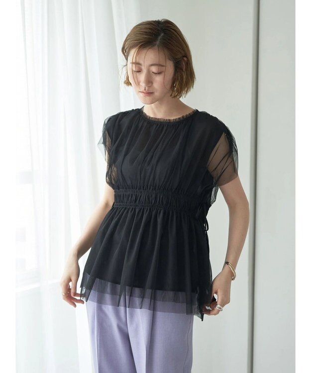 YECCA VECCA チュールギャザーブラウス Black