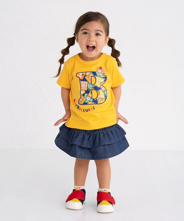 MIKI HOUSE HOT BISCUITS 【80-120cm】 バンダナ柄 ワッペン 半袖Tシャツ 黄