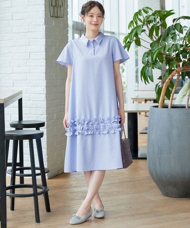 Tiaclasse シャツカラーフリルワンピース サックス