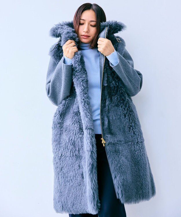 BEIGE， 【WEB限定・洗える】ALSACE / パール釦タートルネックウールニット Sax