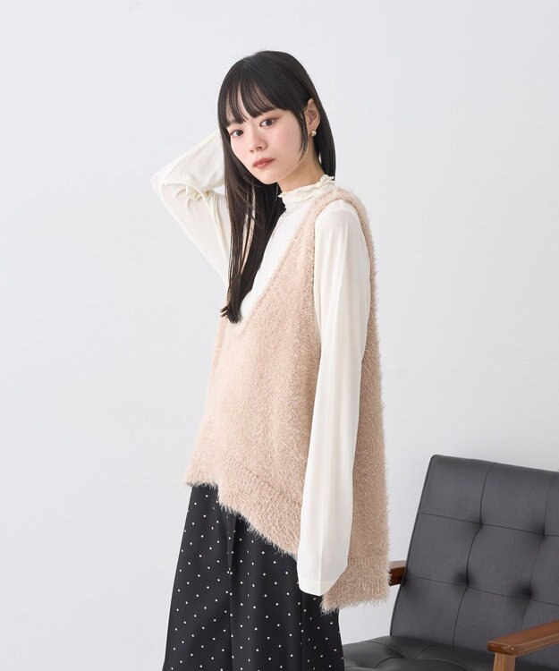 earth music&ecology フェザーUネックニットベスト Light Beige