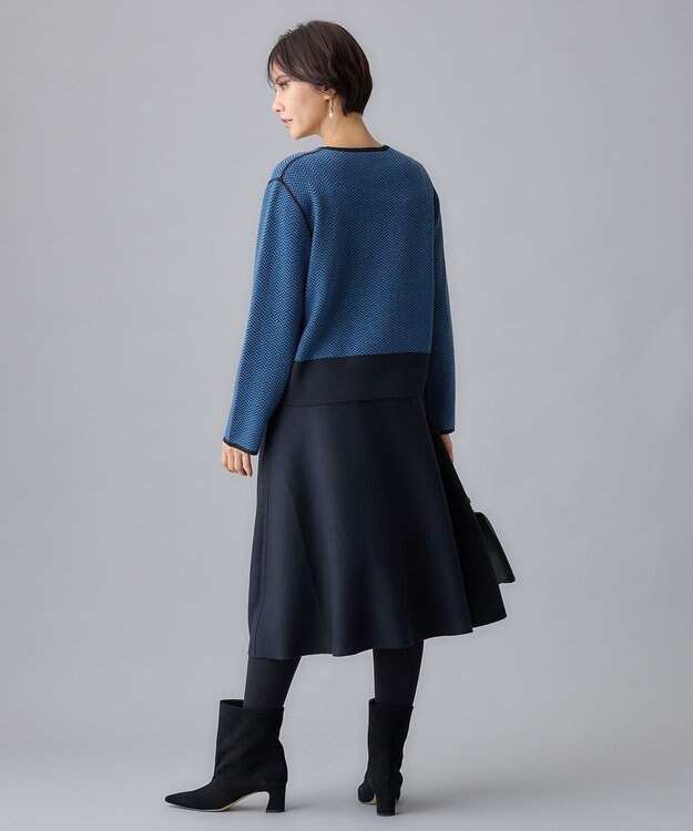 自由区 L 【WEB限定・マルチウェイ・洗える】ヘリンボーン柄リバーシブルニット セットアップ ネイビー×ブルー柄