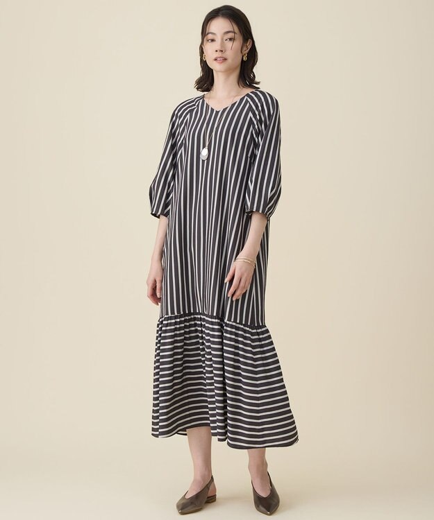 自由区 L 【17号サイズまで展開】ビスコースナイロンドビーストライプ ワンピース ブラウン系