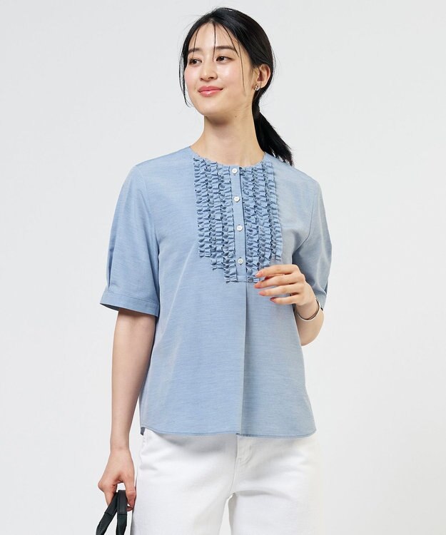 J.PRESS LADIES ライトタンブラー フリル ブラウス ブルーシャンブレー系