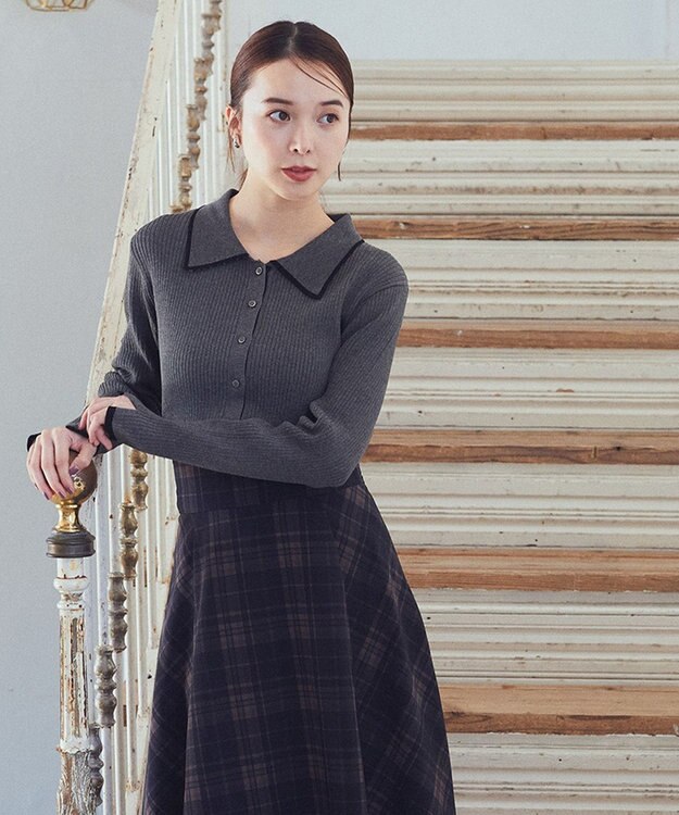 earth music&ecology バイカラートリムニットカーディガン Charcoal Gray