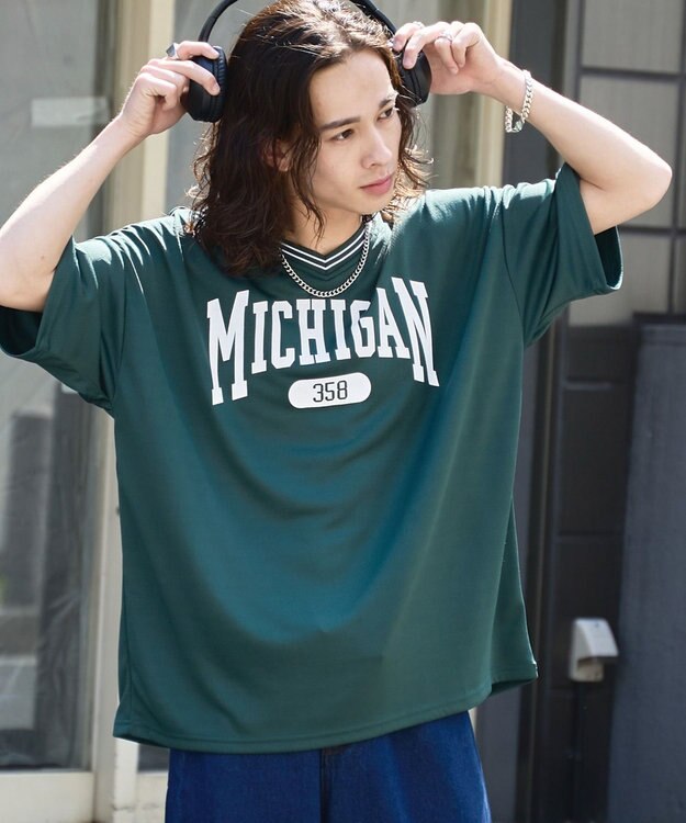 WEGO 【ユニセックス着用ITEM/2点セットネックレス付き/MLサイズ展開】アクセ付きラインリブメッシュプルオーバー ダークグリーン