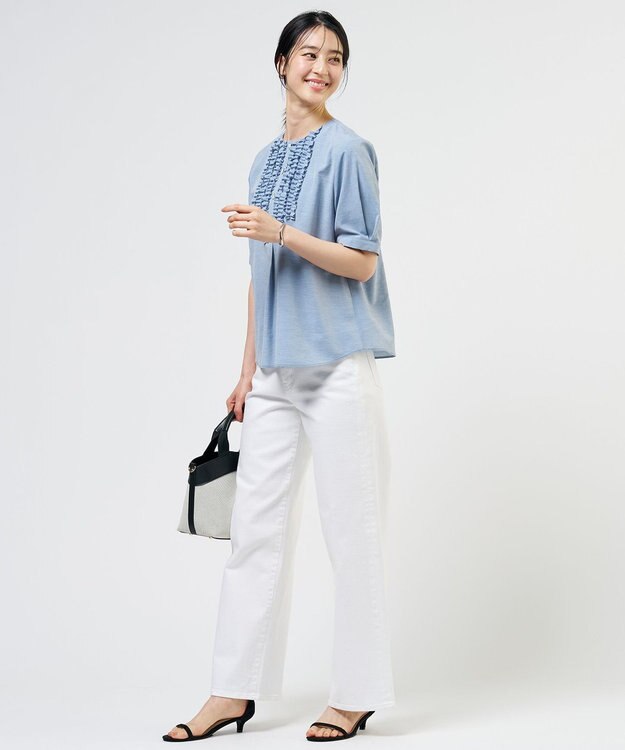 J.PRESS LADIES ライトタンブラー フリル ブラウス ブルーシャンブレー系