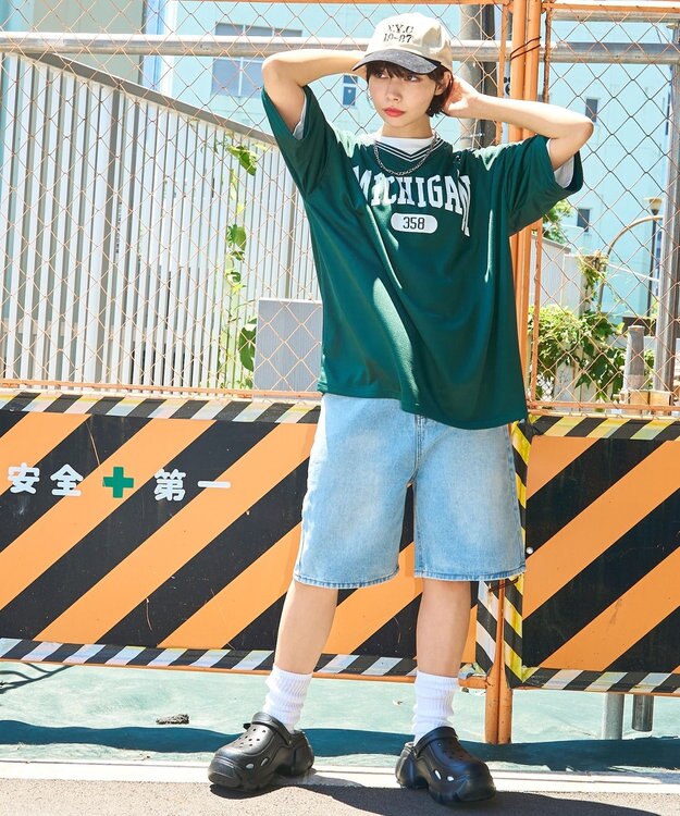 WEGO 【ユニセックス着用ITEM/2点セットネックレス付き/MLサイズ展開】アクセ付きラインリブメッシュプルオーバー ダークグリーン