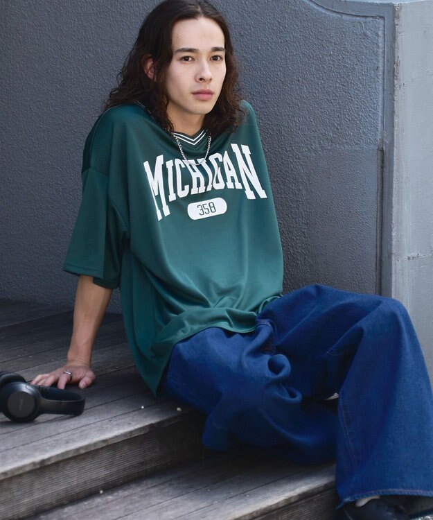 WEGO 【ユニセックス着用ITEM/2点セットネックレス付き/MLサイズ展開】アクセ付きラインリブメッシュプルオーバー ダークグリーン