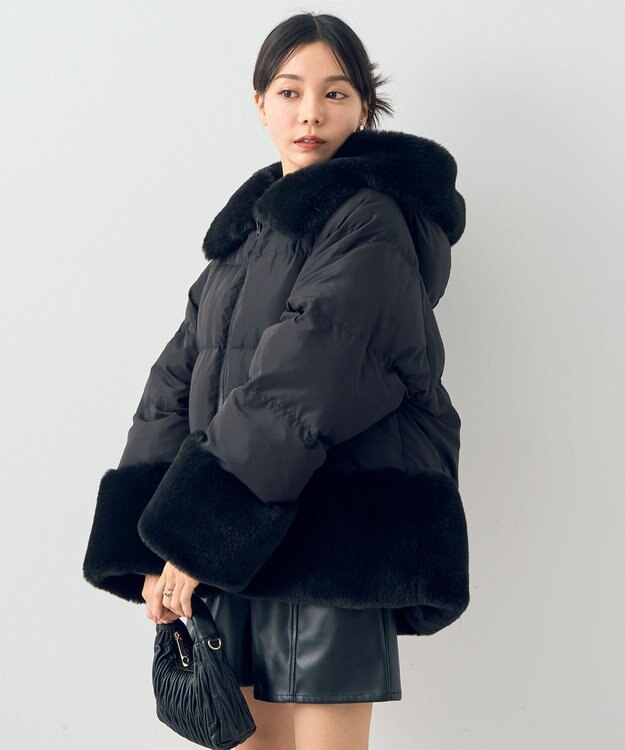 earth music&ecology フードファー中綿ショートコート ブラック