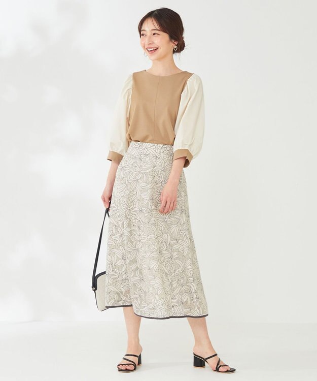 ANY SIS パフスリーブ異素材コンビ プルオーバー ベージュ