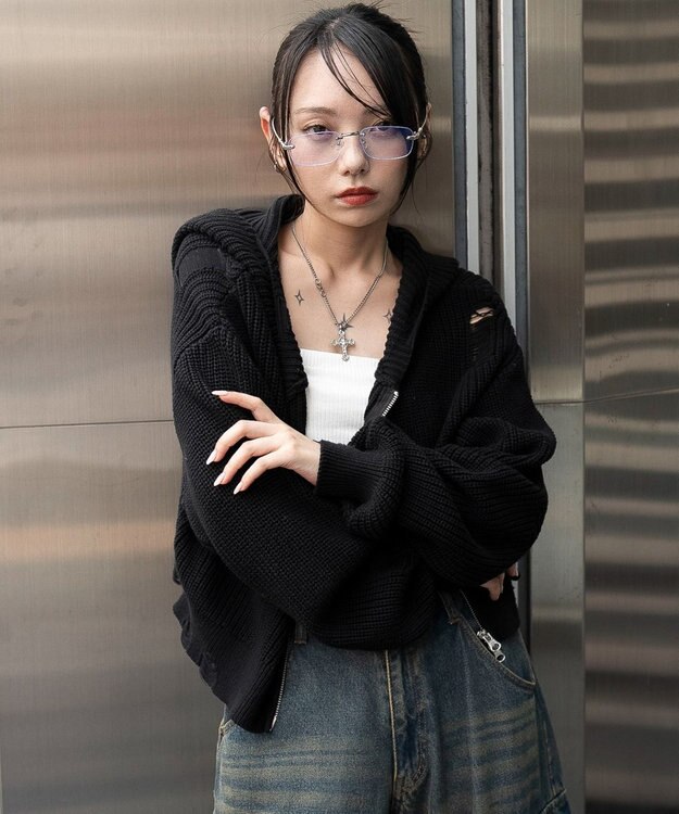 WEGO ダメージニットジップパーカー ブラック