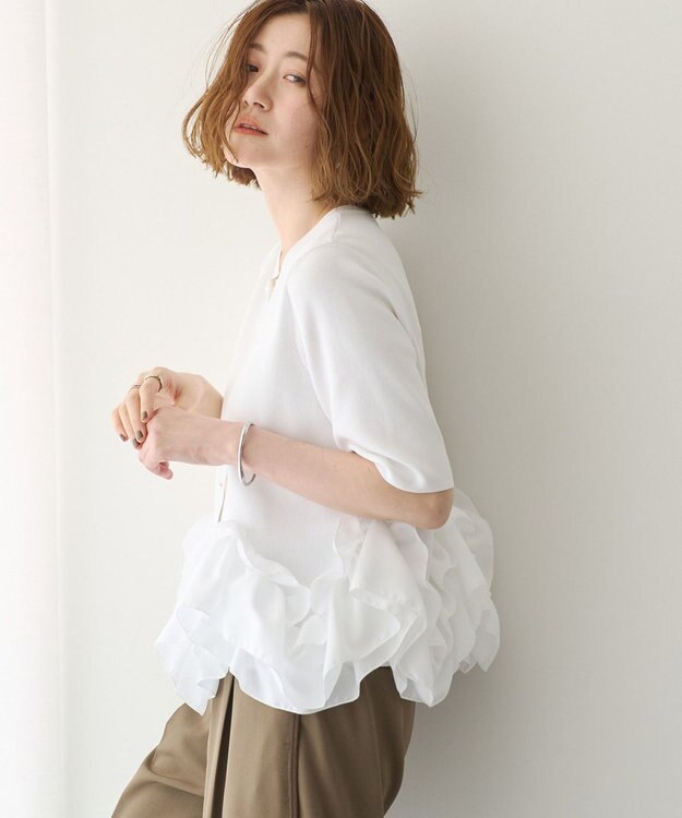 YECCA VECCA パール釦ラッフル5分袖カーディガン Off White