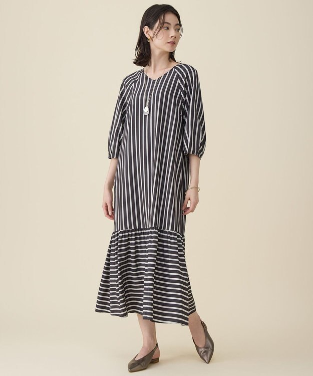 自由区 L 【17号サイズまで展開】ビスコースナイロンドビーストライプ ワンピース ブラウン系