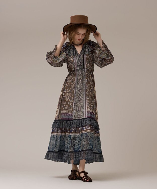 GRACE CONTINENTAL ペイズリープリントドレス カーキ