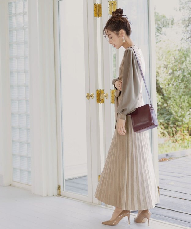 Tiaclasse 【洗える】パフ袖ニットコンビワンピース グレージュ