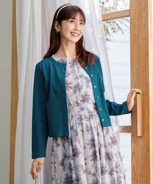 Tiaclasse 【小倉優子さん着用・洗える・接触冷感・汗ジミ防止】“サマさまカットソー”フレームボタンカーディガン ターコイズ
