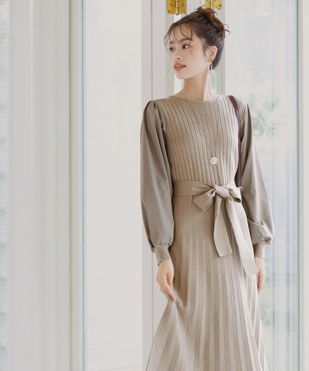 Tiaclasse 【洗える】パフ袖ニットコンビワンピース グレージュ