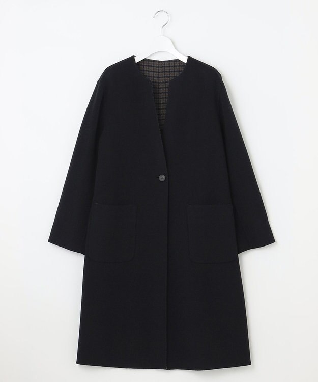 J.PRESS LADIES S 【リバーシブル】ウールナイロン リバーチェック ノーカラー ロングコート ネイビー系