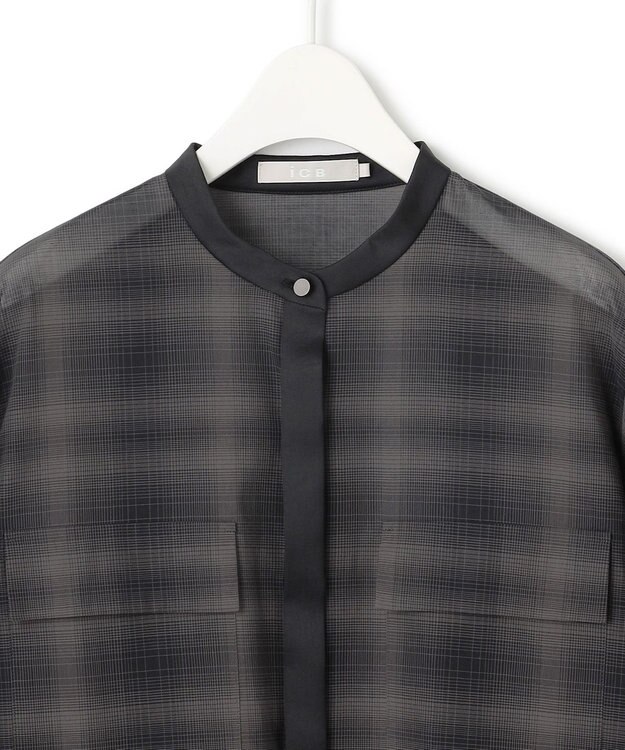 ICB 【洗える】シアーボイル バンドカラーシャツ オンブレーチェック