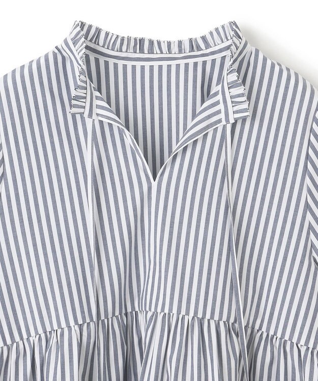 UNFILO コットンブロード フリルネックシャツ ネイビーストライプ