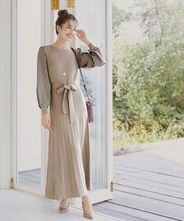 Tiaclasse 【洗える】パフ袖ニットコンビワンピース グレージュ