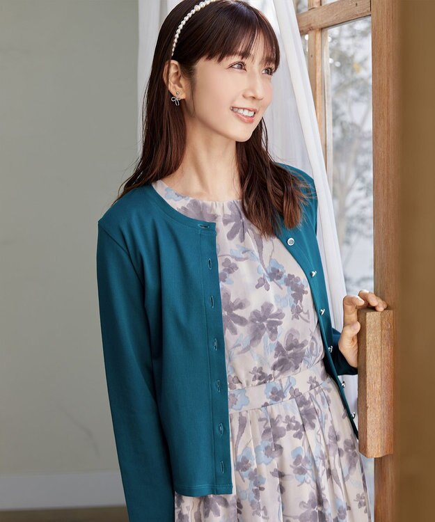 Tiaclasse 【小倉優子さん着用・洗える・接触冷感・汗ジミ防止】“サマさまカットソー”フレームボタンカーディガン ターコイズ