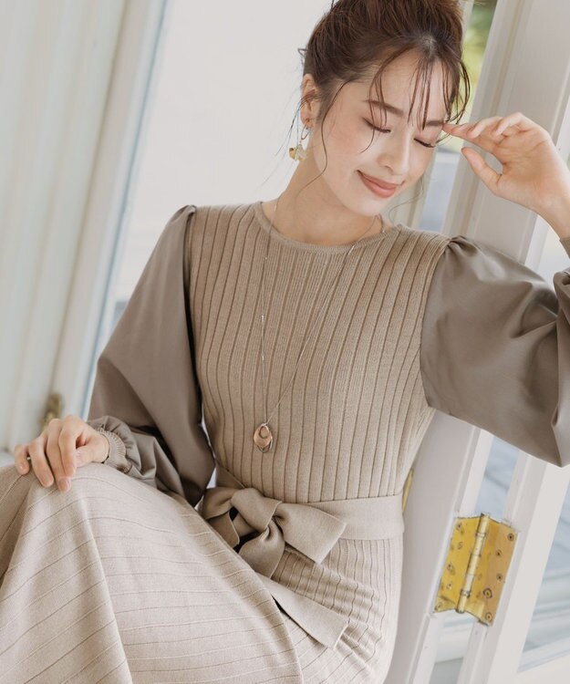 Tiaclasse 【洗える】パフ袖ニットコンビワンピース グレージュ