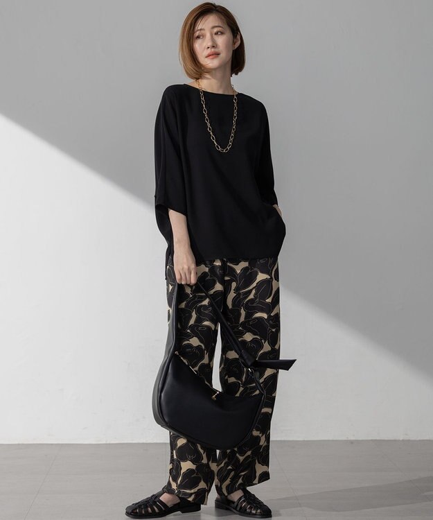 23区 L 【洗える】Ratti フラワーアートプリント ワイド パンツ ブラック×ベージュ