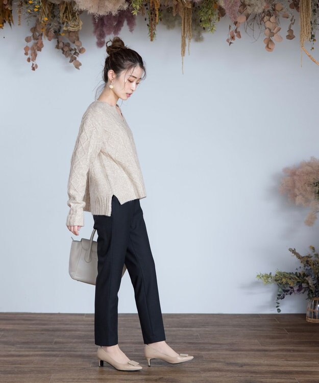 Tiaclasse L 【洗える】アラン柄キーネックニットトップス ベージュ