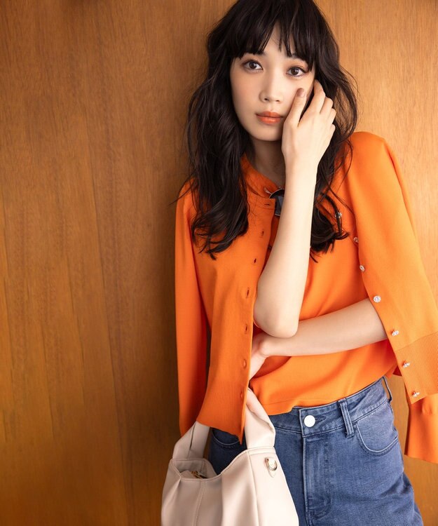 組曲 【UVケア・接触冷感】MINA 6分袖ニットプルオーバー オレンジ系