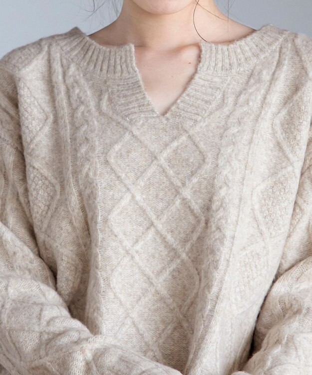 Tiaclasse L 【洗える】アラン柄キーネックニットトップス ベージュ