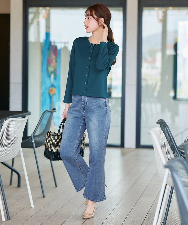 Tiaclasse 【小倉優子さん着用・洗える・接触冷感・汗ジミ防止】“サマさまカットソー”フレームボタンカーディガン ターコイズ