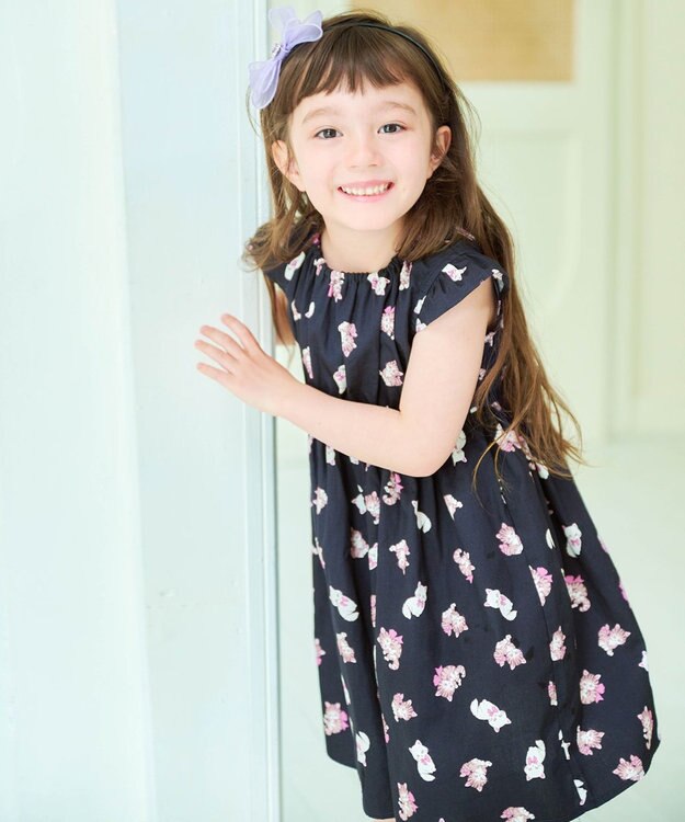 ANY KIDS 総柄 サマーワンピース ネイビー×ネコ