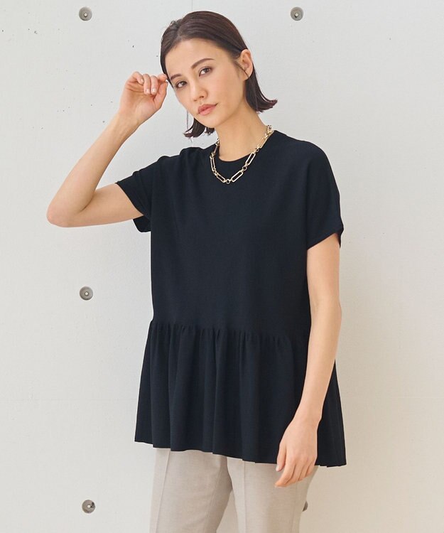 自由区 【XSサイズ～/洗える】クレープストレッチペプラム ニット ネイビー系