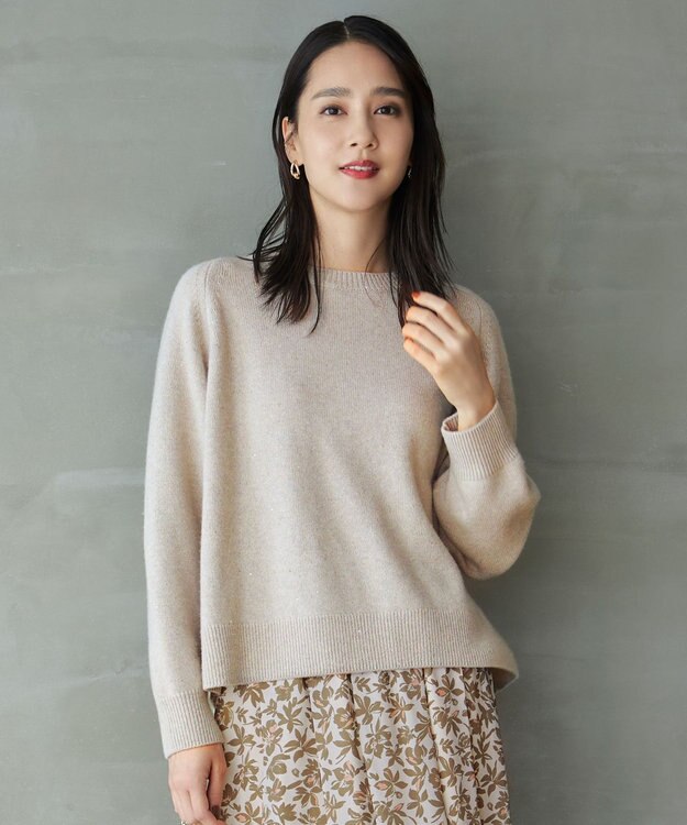 自由区 L 【洗える】ウールカシミヤブレンドラメスパンコールクルーネック ニット ベージュ×ゴールド