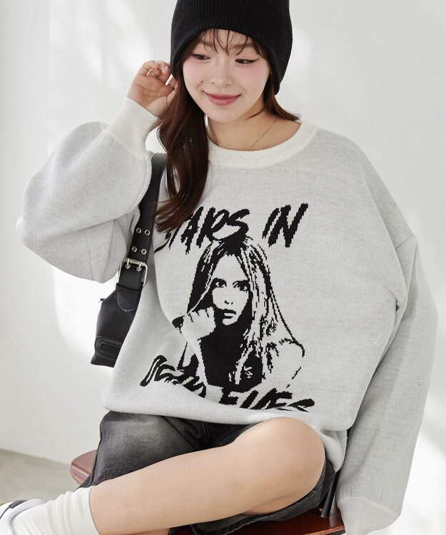 WEGO グラフィックBIGニットプルオーバー ホワイト