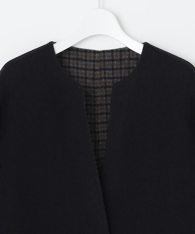 J.PRESS LADIES S 【リバーシブル】ウールナイロン リバーチェック ノーカラー ロングコート ネイビー系