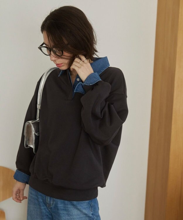 WEGO 【ANGIE VINTAGE】デニム襟スウェット ブラック中濃色