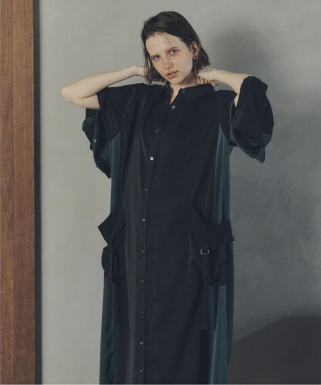 YECCA VECCA カーゴデザイン配色シャツワンピース Black