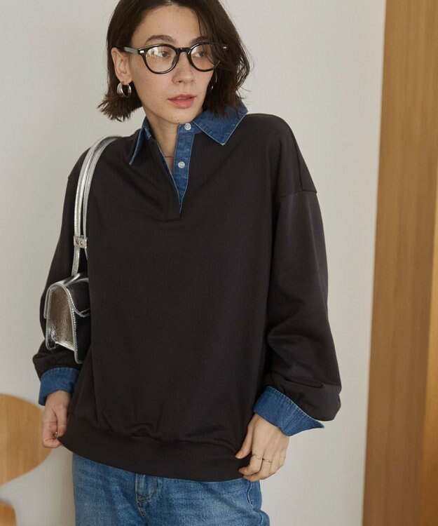 WEGO 【ANGIE VINTAGE】デニム襟スウェット ブラック中濃色