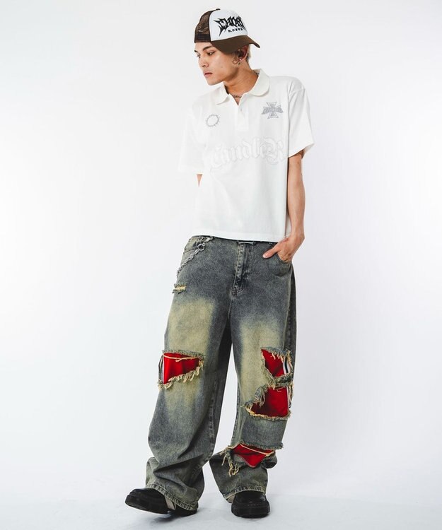 WEGO 【ユニセックス着用ITEM】ブリーチグラフィックポロシャツ（SS） ホワイト
