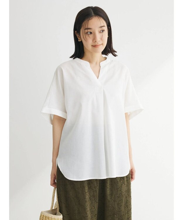 Green Parks 綿麻混フレンチスリーブスキッパーシャツ Off White