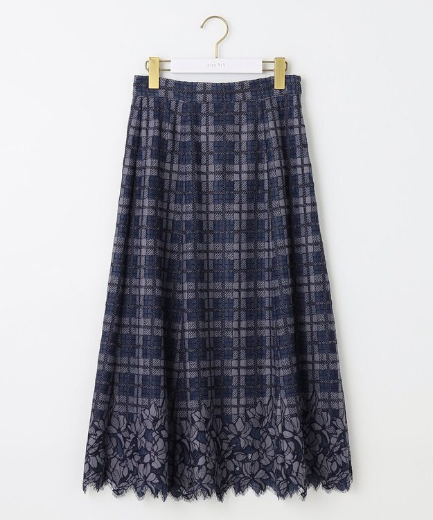 ANY SIS 【洗える】フラワーレースチェックパネル スカート ネイビー系