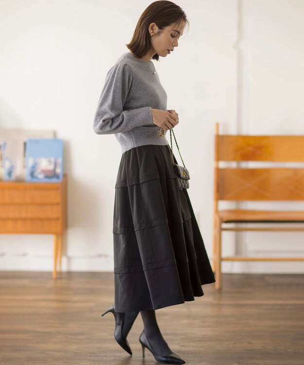 組曲 フリルタフタ フレアスカート ブラック系