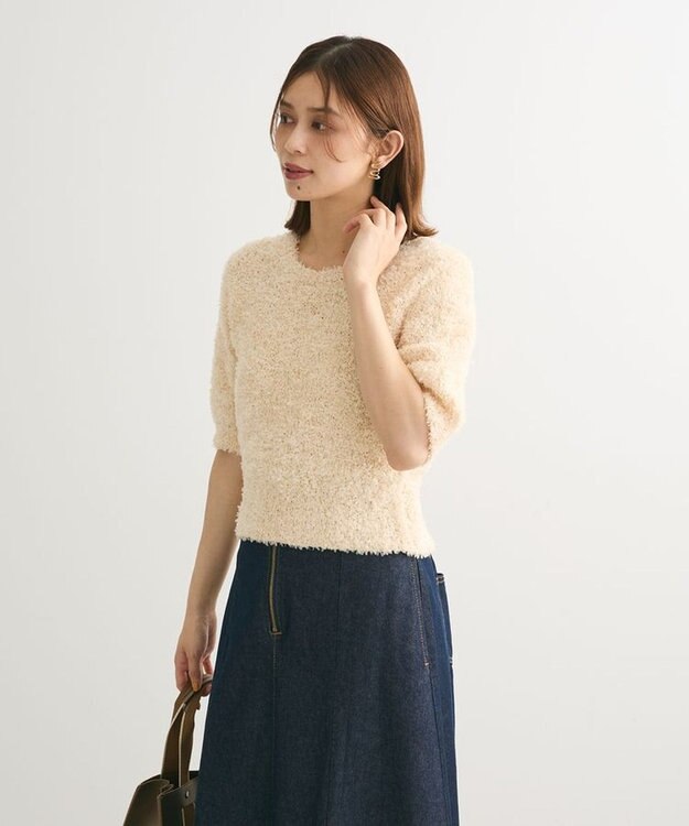 Green Parks テープヤーン半袖ニットプルオーバー Light Beige