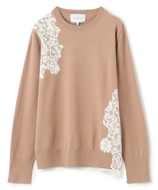BEIGE， 【ご好評により新色追加！洗える】WILLOW / アシンメトリーレースクルーネックニット Milk tea×Ecru
